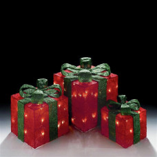 Premier Decorations Set Of 3 Glitter LED Christmas Parcels - Red & Green