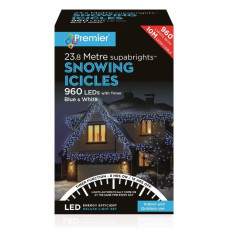 Premier 960 LED Snowing Icicles Timer Christmas Lights - Blue & White